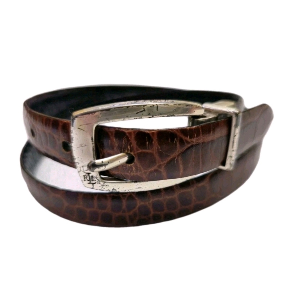 RALPH LAUREN Skinny Reversible Brown or Black Croc Embossed Leather Belt Sz S